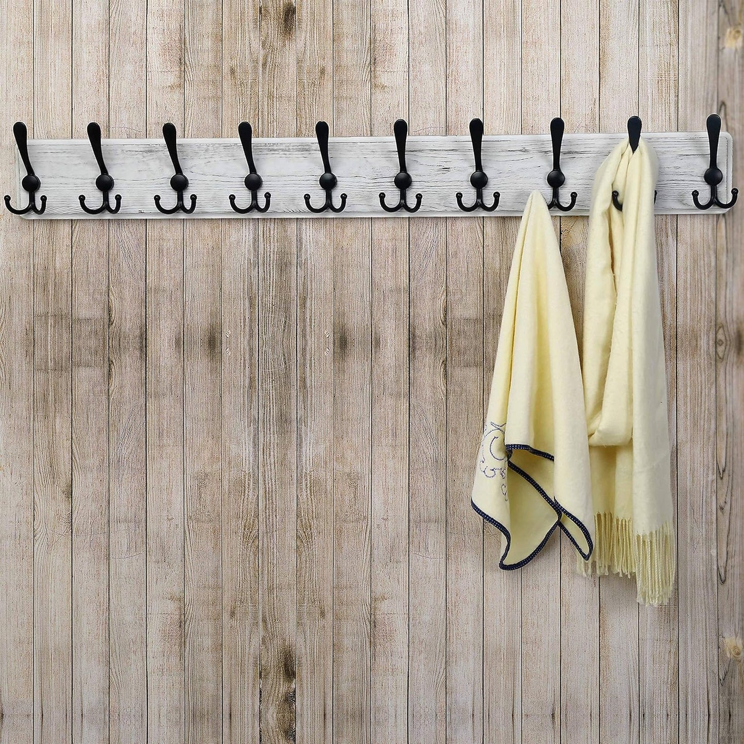 Dseap Coat Rack Wall - Heavy-Duty 38-1/4" Long, with Reinforced 10 Custom Tri-Hooks, Solid Wood Wall Hanger for Coats Hat Jackets - Rustic Farmhouse Entryway Storage, White & Black, Pack of 2