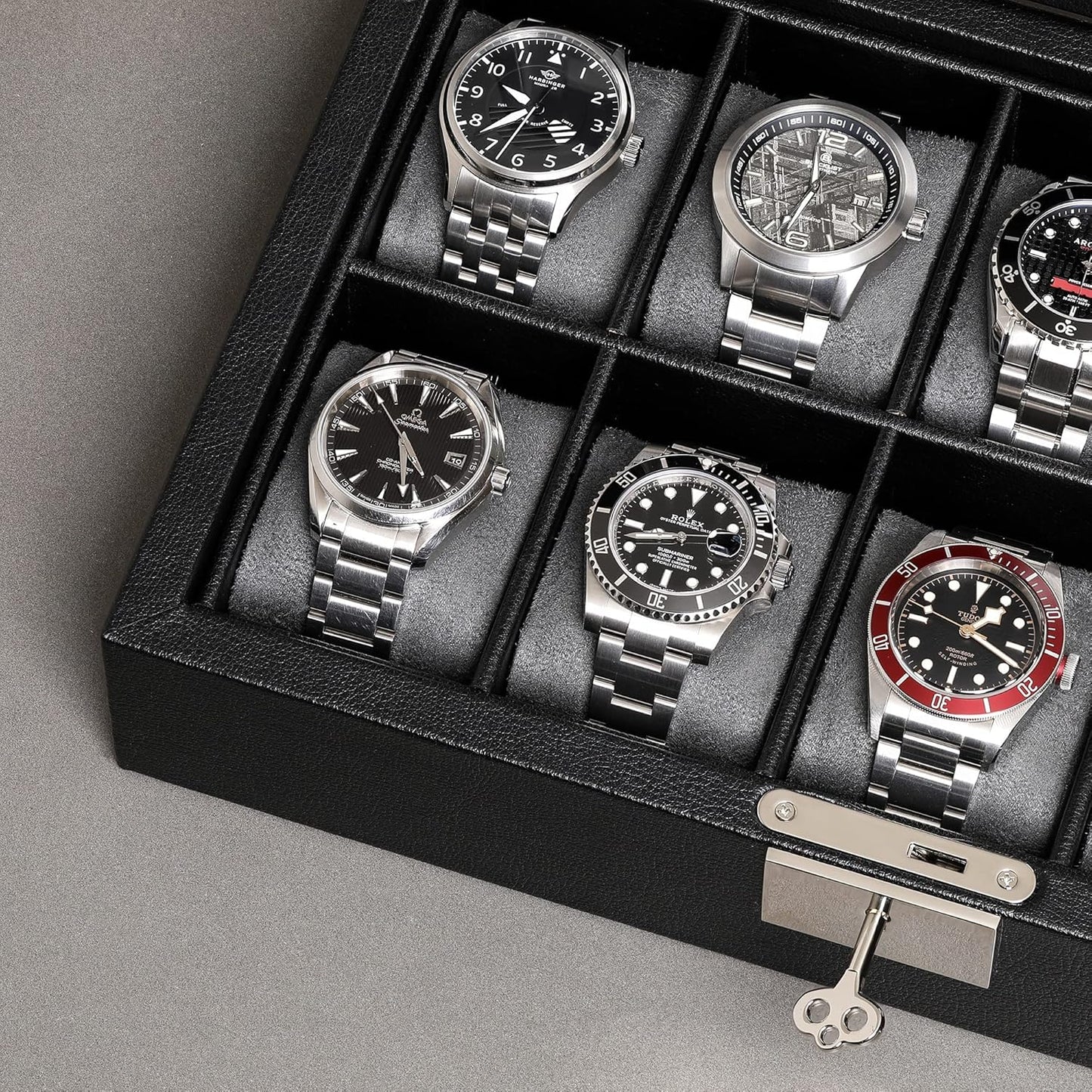 ROTHWELL 10 Slot Leather Watch Box - Luxury Case Display Jewelry Organizer - Locking Watch Display Case Holder with Large Glass Top - Box Organizer for Men and Women (Black/Grey)